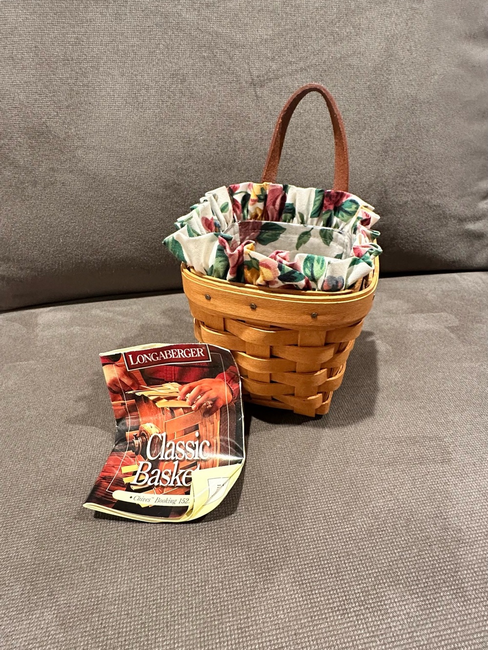 Longaberger Chives Booking Basket with Floral Ruffled Liner & Protector